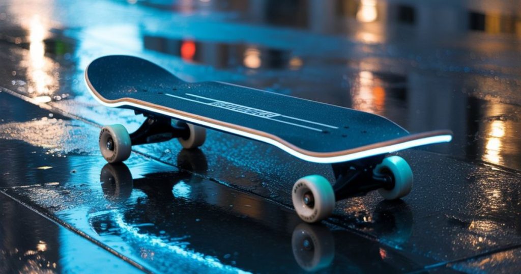 električni skateboard na mokroj ulici